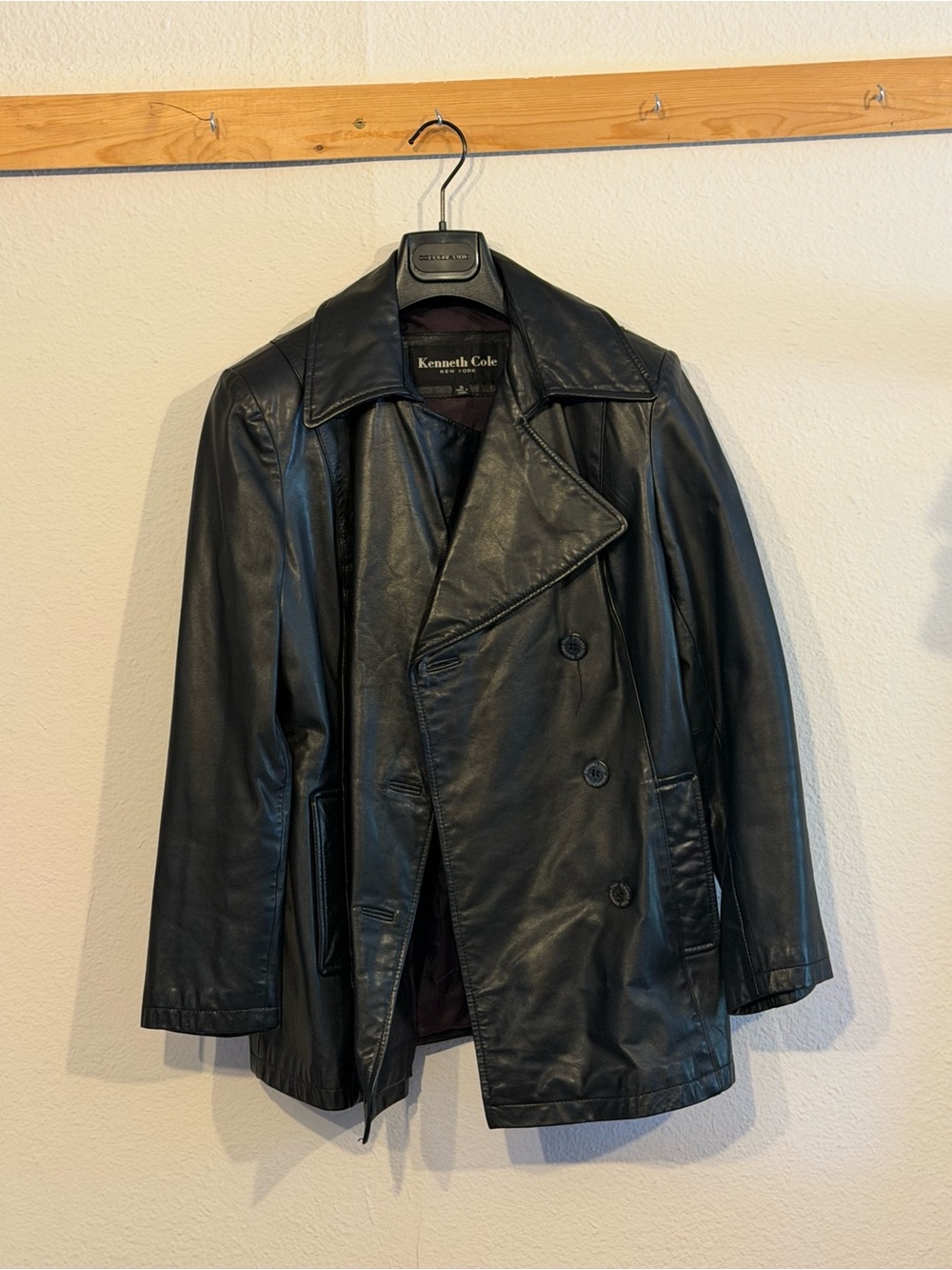 Kenneth Cole Black Double-Breasted Leather Pea Coat